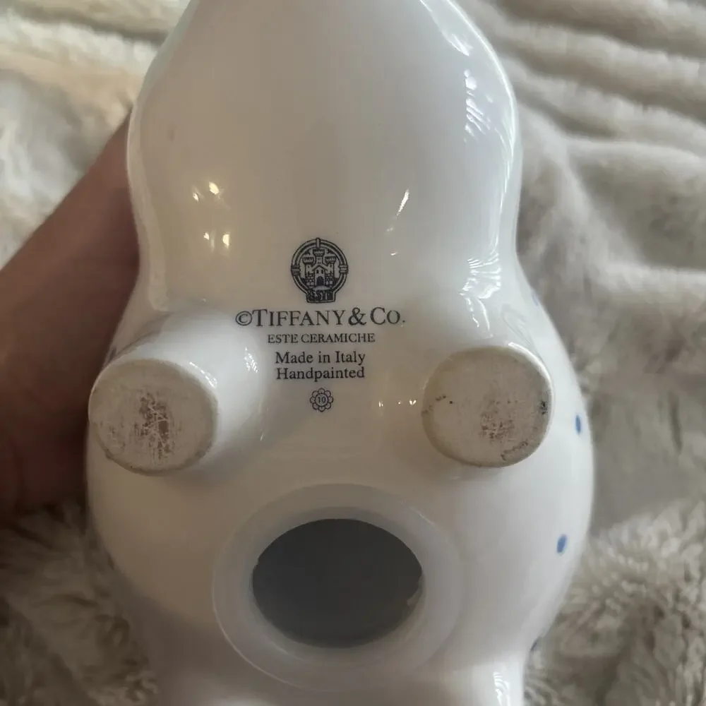 Tiffany & Co. Handpainted Ceramic Piggy Bank White Blue Polka Dots (Retired)
